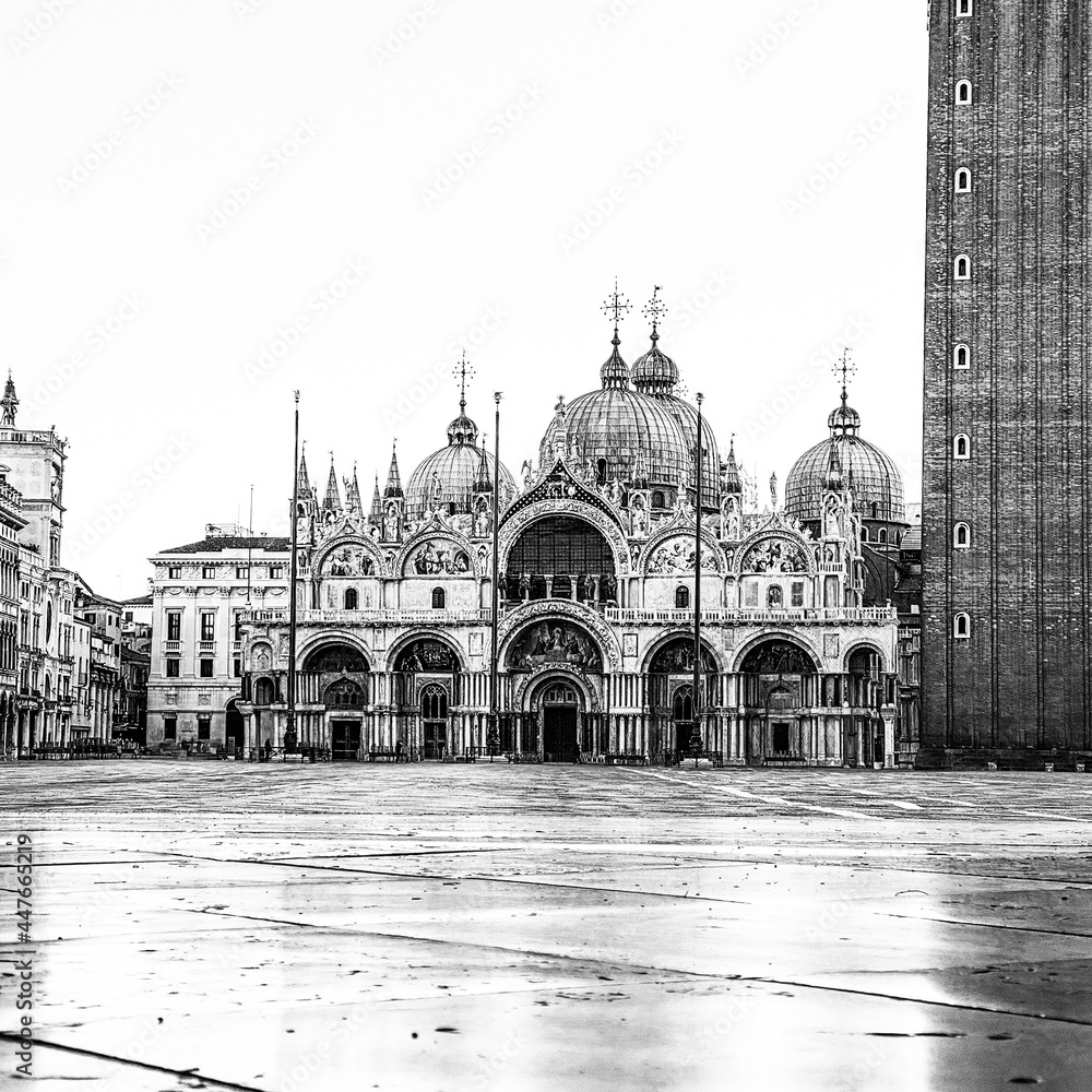 Basilica of Saint Mark and deserted San Marco Square during the crisis COVID-19