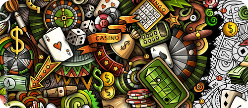 Casino hand drawn doodle banner. Cartoon vector detailed flyer.