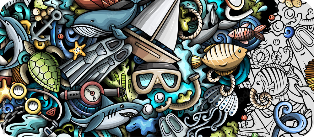 Diving hand drawn doodle banner. Cartoon vector detailed flyer. Diving hand drawn doodle banner. Cartoon vector detailed flyer.