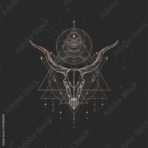 Vector illustration with hand drawn Antelope skull and Sacred geometric symbol on black vintage background. Abstract mystic sign.