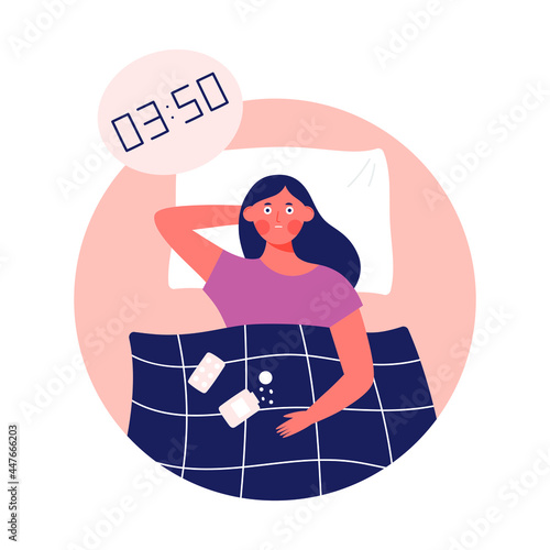 Young woman lying in bed, suffers from insomnia - Female character trying to fall asleep, having sleep problems, feeling exhausted, tired - Vector illustration