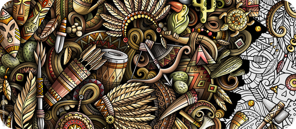 Fototapeta premium Native American hand drawn doodle banner. Cartoon vector detailed flyer.