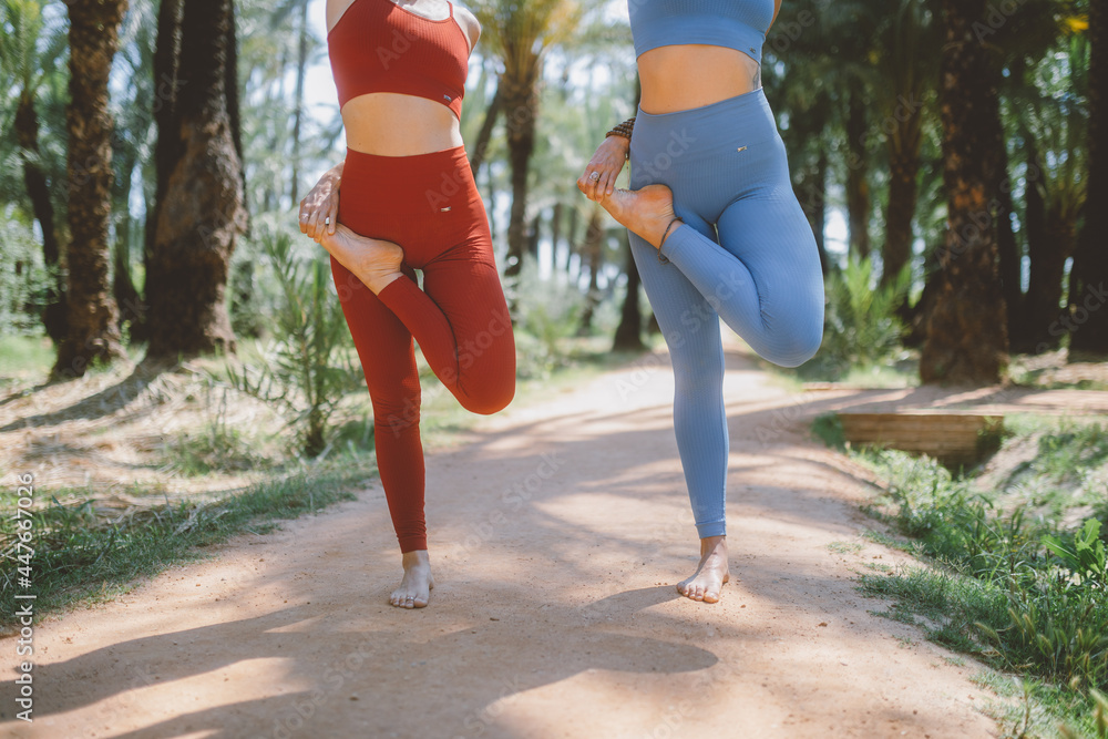 Fototapeta premium two girls doing yoga in nature