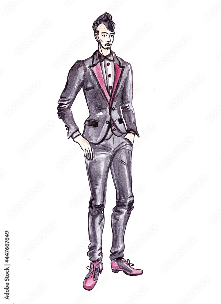 Man in evening suit isolated on the white background. Watercolor illustration