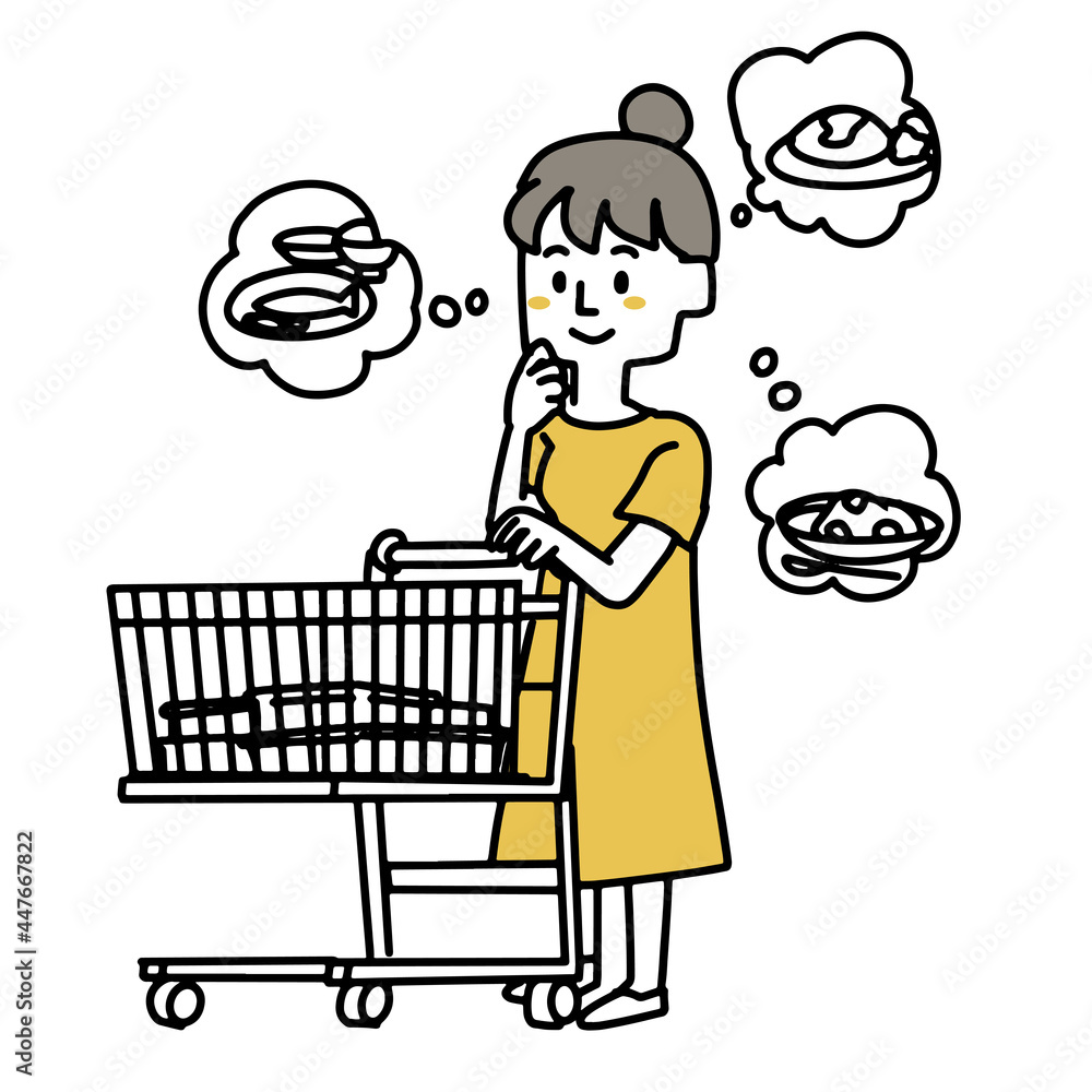 買い物しながら献立を考えている女性 買い物しながら献立を考えている女性
