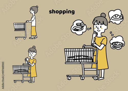ショッピングカートを押して歩く女性セット