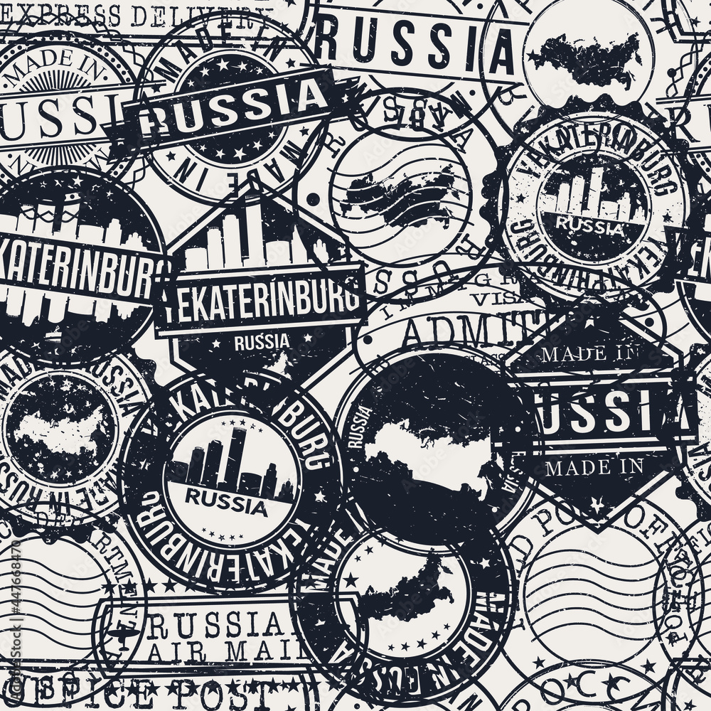 Yekaterinburg, Sverdlovsk Oblast, Russia Stamps Background. A City Stamp Vector Art. Set of Postal Passport Travel. Design Set Pattern.