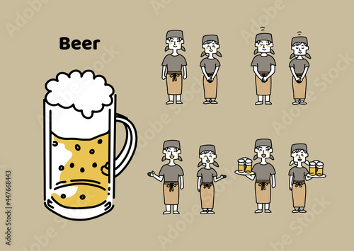 居酒屋の店員さんとビールのイラストセット