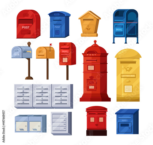 Isometric mailbox set. Postbox for paper letters newspapers correspondence delivery. Retro modern containers for post service shipment paper correspondence. Receive send mail communication