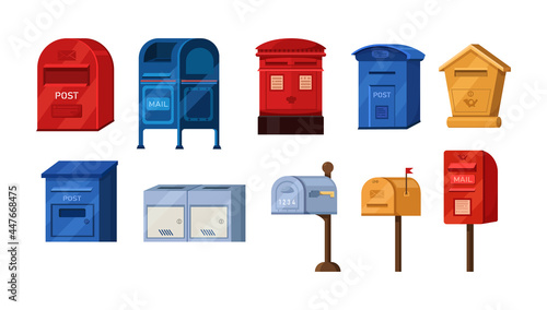 Isometric mailbox set. Postbox for paper letters newspapers correspondence delivery. Retro modern containers for post service shipment paper correspondence. Receive send mail communication