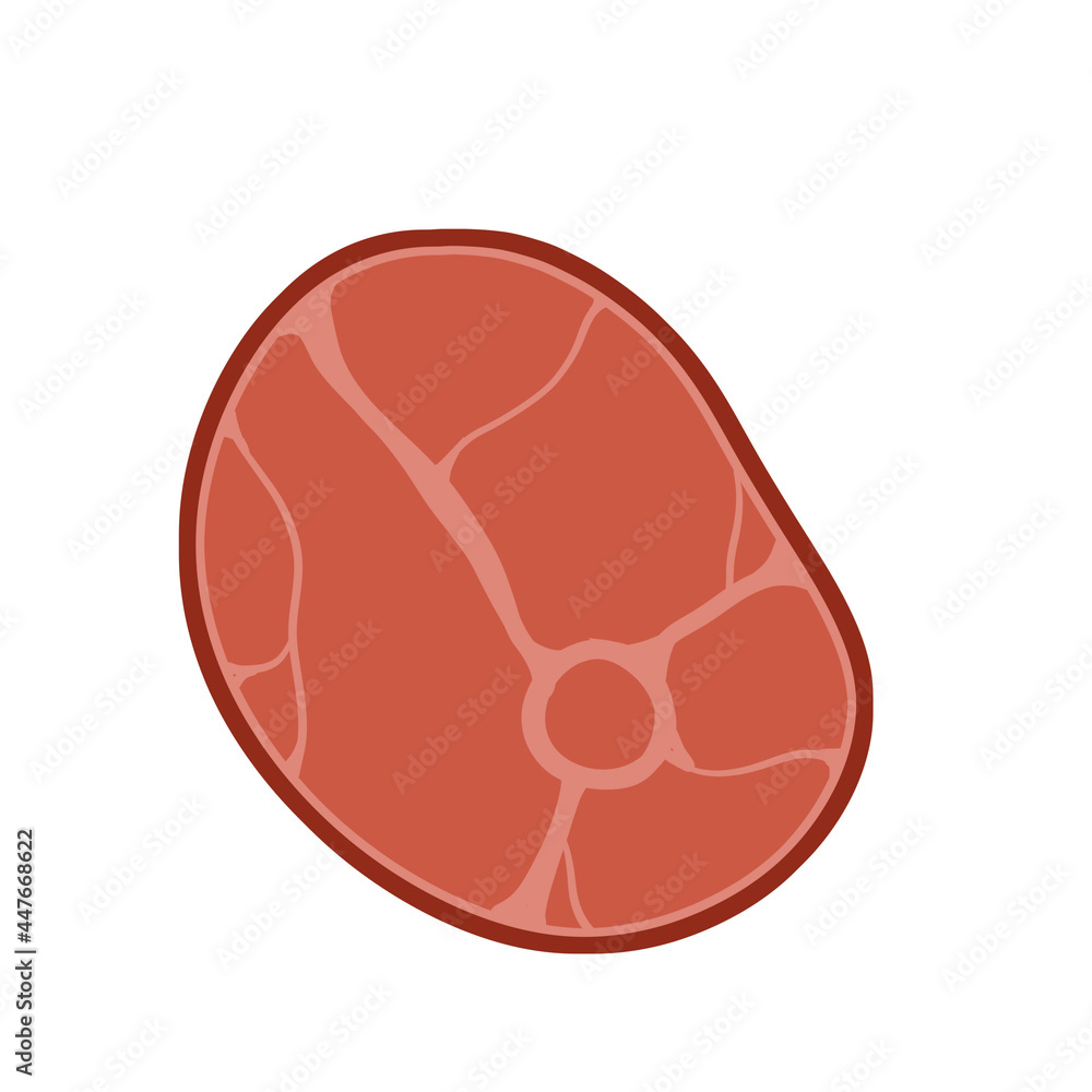 Piece of raw meat. Fresh red food with streaks and fat. Cut off half beef piece. Cartoon illustration. Element of kitchen, ham, BBQ, steak and delicious meal Piece of raw meat. Fresh red food with streaks and fat. Cut off half beef piece. Cartoon illustration. Element of kitchen, ham, BBQ, steak and delicious meal