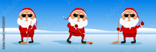 Santa Claus playing ice hockey in sunglasses. Vector illustration.