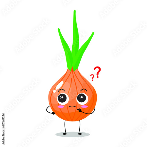 Vector illustration of onion character with cute expression, funny, isolated on white background, herbs, seasoning, vegetable for mascot collection, emoticon, kawaii, ask, curious, happy