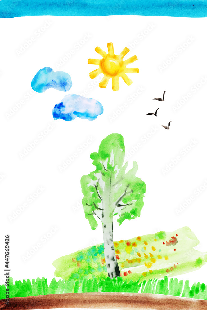Watercolor hand drawn naive kids drawing with sun, sky, birds, tree, grass and meadow
