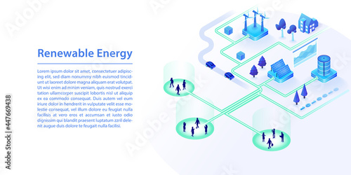 Concept of renewable clean energy powered by wind energy, solar energy. 3d isometric vector illustration in modern web banner style.