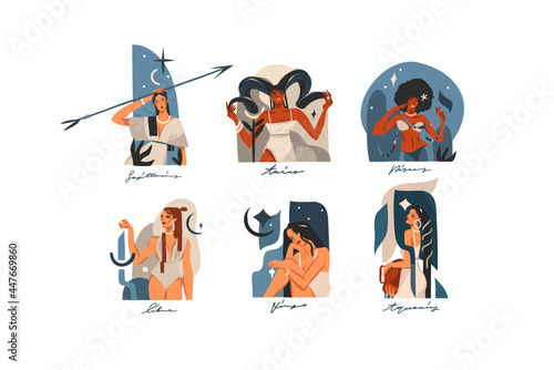 Hand drawn vector stock abstract graphic illustrations with zodiac astrological contemporary signs collection set,beauty magic female characters,clipart boho design isolated on white background