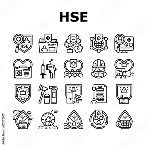 Health Safety Environment Hse Icons Set Vector. Communication And Learning, Energy Saving And Waste Management, First Aid And Work Safety Black Contour Illustrations