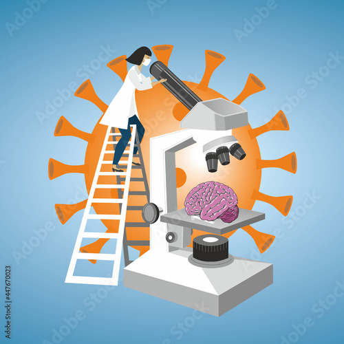 Examine post covid-19 effects on brain. Scientist with microscope analyzing brain. Vector illustration. EPS10.