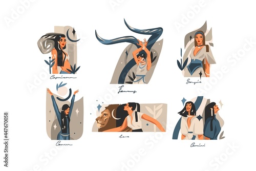 Hand drawn vector stock abstract graphic illustrations with zodiac astrological contemporary signs collection set,beauty magic female characters,clipart boho design isolated on white background.