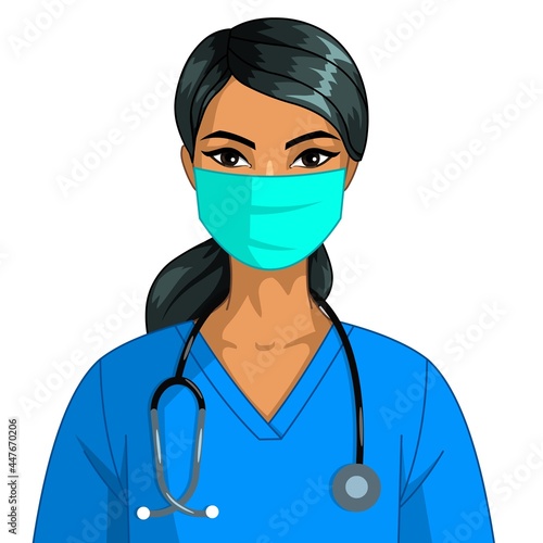 Portrait of a female doctor isolated on white background. The young girl has an Indian or Arab appearance. Brunette with a mask on her face and a stethoscope. Medicine and healthcare.