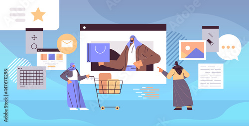 arabic people using online shopping application arab men women buying and ordering products horizontal full length vector illustration