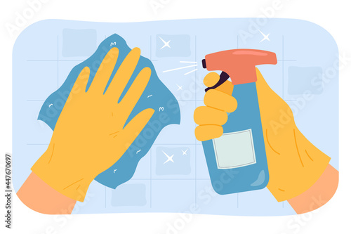 Hands in gloves cleaning tile wall using washcloth and spray. Surface cleaning flat vector illustration. Cleaning service, housework, hygiene, detergent concept
