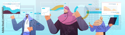 arab businesspeople team analyzing financial statistics charts and graphs data analysis planning company strategy