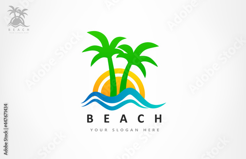 Oasis and beach logo vector. Palm tree, wave, sea and sun.