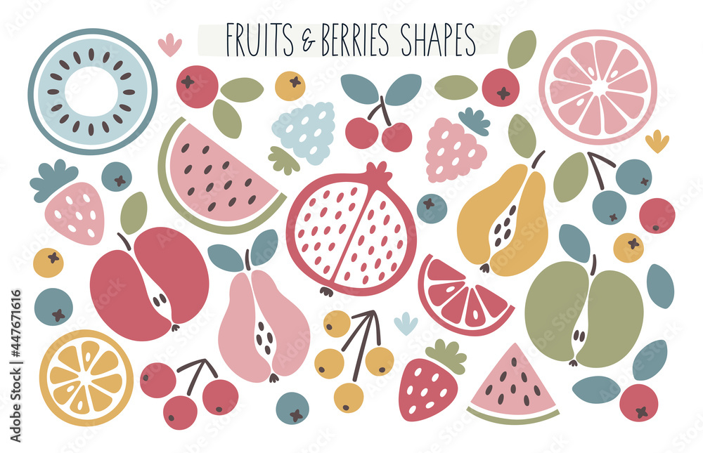 Vector abstract floral clipart set with fruits, apples, pears, watermelon, kiwi, lemon, orange, grapefruit, berries, cherry, blueberry, leaves, plants, abstract elements in boho style