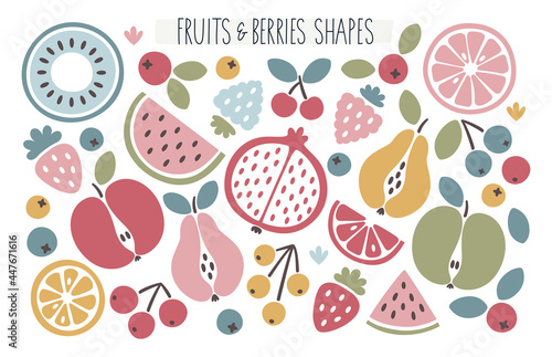 Vector abstract floral clipart set with fruits, apples, pears, watermelon, kiwi, lemon, orange, grapefruit, berries, cherry, blueberry, leaves, plants, abstract elements in boho style