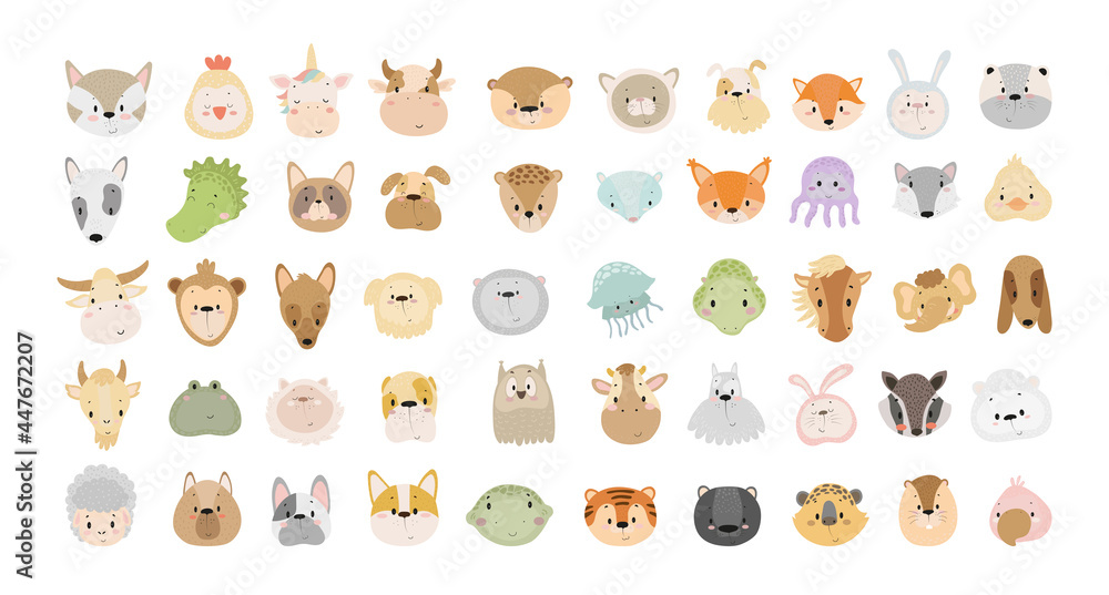 Fototapeta premium Vector collection of cute cartoon animal faces. Characters for children's books, cards, stickers, prints. Illustrations for kids.