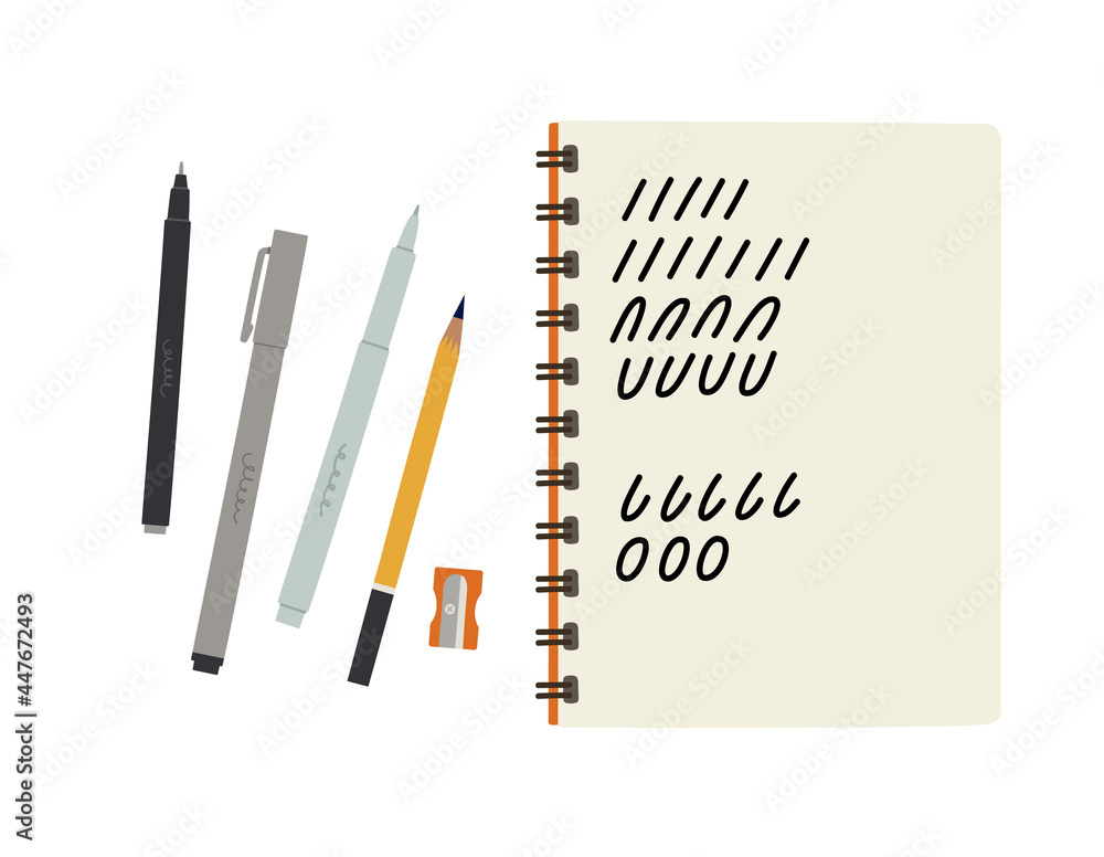 Hand lettering practice. Hand-drawn sketchbooks with pencil, liner, markers, pencil sharpener. Top view. Set of tools for hand lettering. Art supplies. Colored vector illustration isolated on white. Hand lettering practice. Hand-drawn sketchbooks with pencil, liner, markers, pencil sharpener. Top view. Set of tools for hand lettering. Art supplies. Colored vector illustration isolated on white.