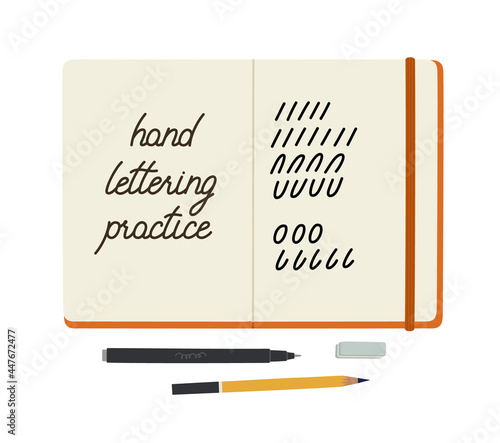 Open sketchbook with the inscription 'hand lettering practice' and drawn forms for practice lettering. The pencil and marker lie next to the notebook. Art supplies. Colored vector illustration.