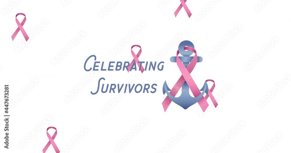 Animation of multiple pink ribbon logo falling over breast cancer text appearing on white background Animation of multiple pink ribbon logo falling over breast cancer text appearing on white background