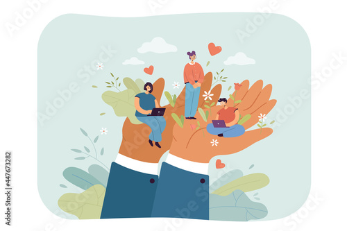 Tiny employees sitting and working on huge hands. Management people doing work together flat vector illustration. EAM, social support and wellbeing at workplace, community care concept