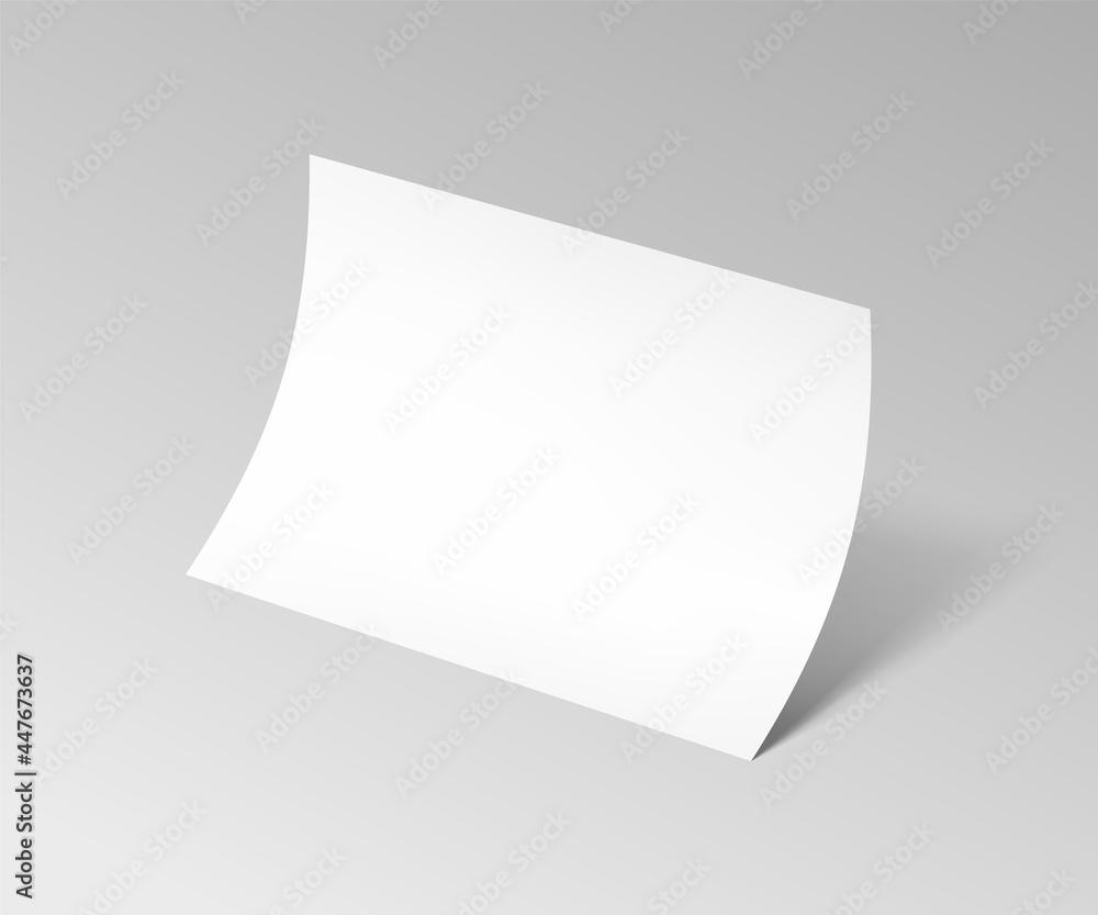 Bent horizontal empty paper sheet. A4 format paper with shadows on gray background. Magazine, booklet, postcard, flyer, business card or brochure mockup. Vector Illustration EPS10.
