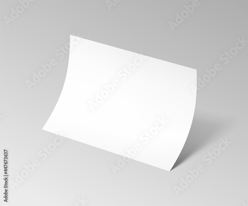Bent horizontal empty paper sheet. A4 format paper with shadows on gray background. Magazine, booklet, postcard, flyer, business card or brochure mockup. Vector Illustration EPS10.
