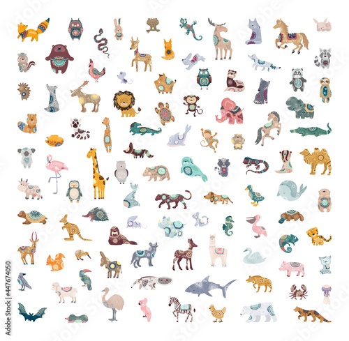 Vector collection of cute animals with abstract patterns. Cartoon characters for creating prints.