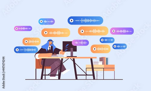 businessman at workplace communicate in instant messengers by voice messages audio chat application social media