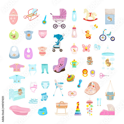 Collection of items for babies. Toys, cribs, clothes and strollers for newborns.