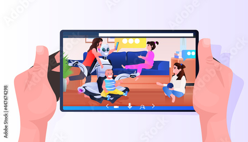 modern robot nanny spending time with children on smartphone screen artificial intelligence technology concept
