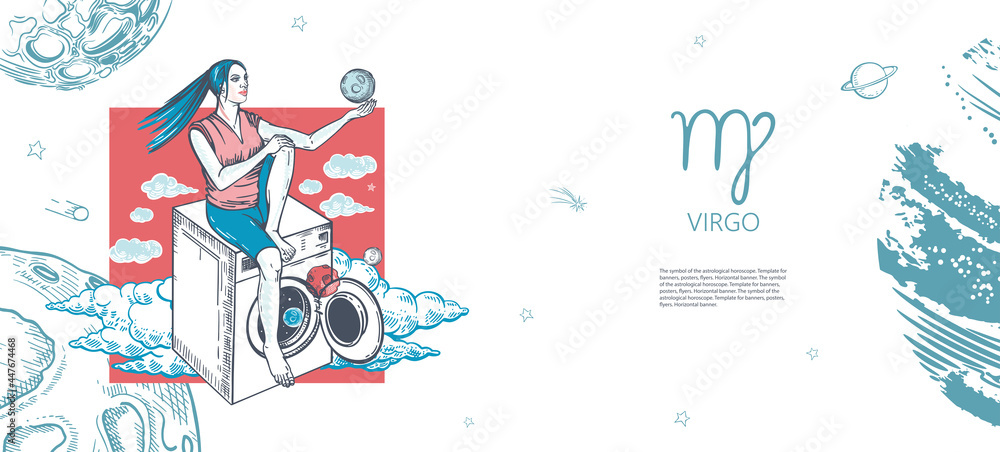 Fototapeta premium Virgo zodiac sign. The girl is sitting on the washing machine. Astrology. Graphics.