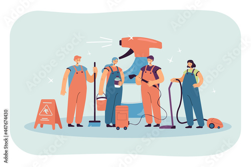 Cleaning team standing next to huge bottle of detergent. Cleaning staff in uniform with vacuum cleaner, mop, broom flat vector illustration. Service, housework concept