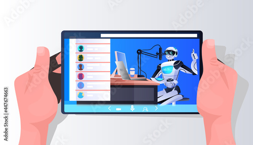 robot podcaster talking to microphone on smartphone screen recording podcast in studio podcasting online radio