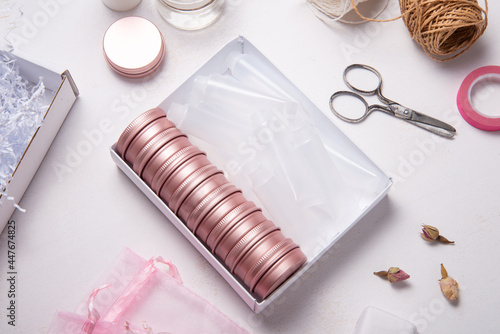 Set of tin metal and plastic case box for cosmetic packaging