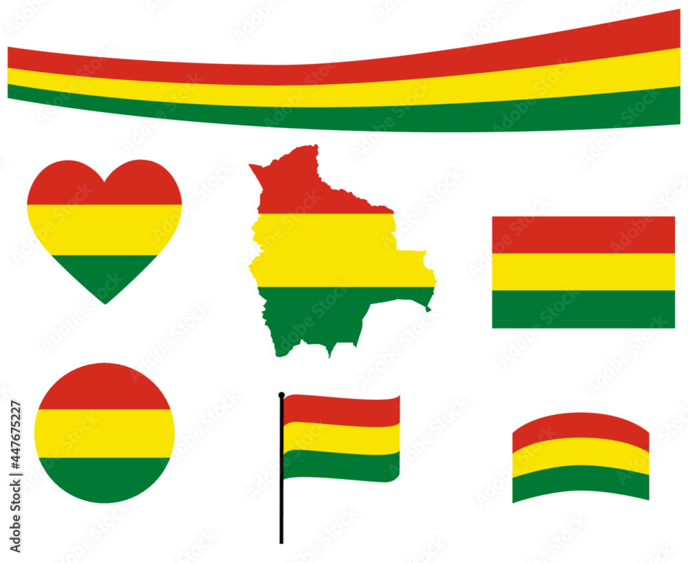 Fototapeta premium Bolivia Flag Map Ribbon And Heart Icons Vector Illustration Abstract National Emblem Design Elements collection