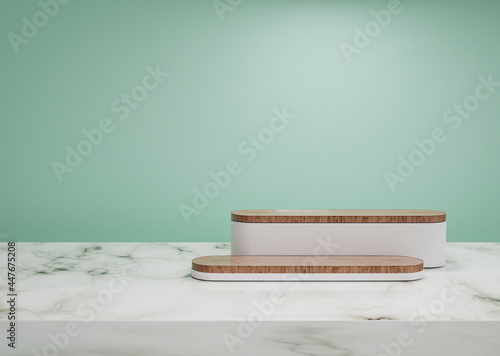 Minimal scene of wooden and white podium on marble table with blue background for product showing and display by 3d rendering technique.