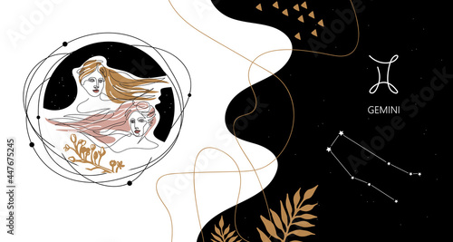Zodiac background. Gemini constellation. The element of air. Horizontal banner.