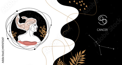 Zodiac background. Cancer constellation. The element of water. Horizontal banner.