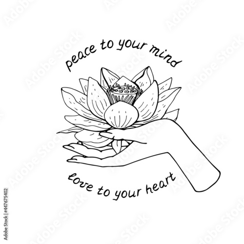Vintage Gold and Black Mystic Hand holding lotus flower with lettering Peace to your mind love to your heart illustration.